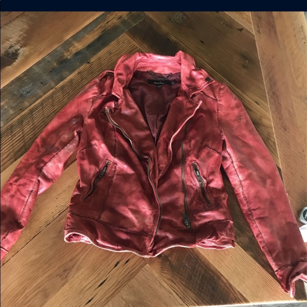 Gorgeous red distressed leather motorcycle jacket